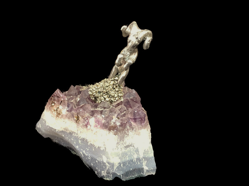 Pewter Ram on Amethyst Crystals image 1