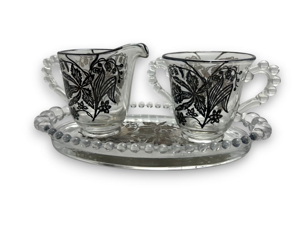 Vintage Imperial Glass Candlewick Oval Tray with Cream Craft and Sugar Bowl Floral Sterling Silver Overlay image 1
