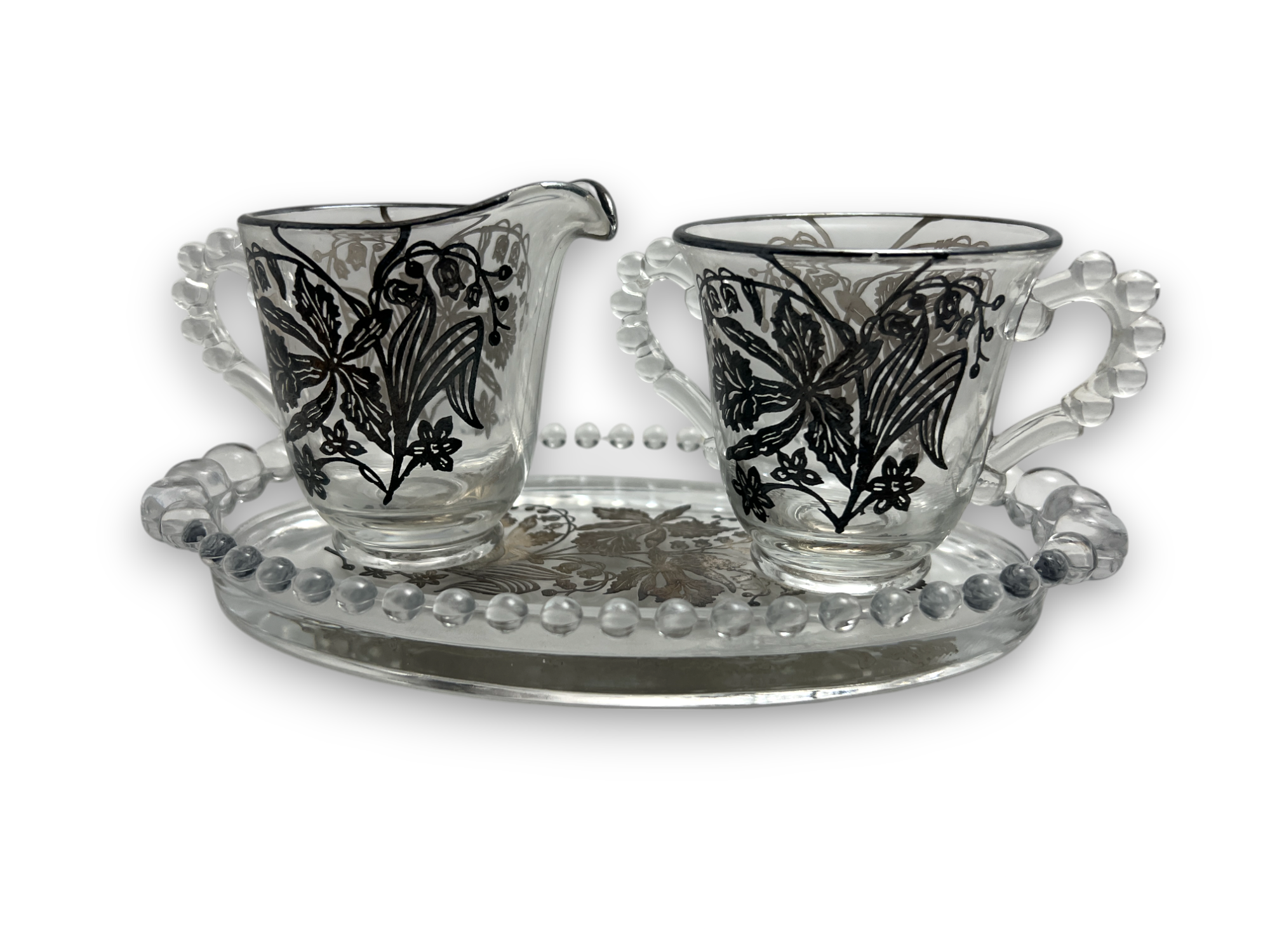 Vintage Imperial Glass Candlewick Oval Tray with Cream Craft and Sugar Bowl Floral Sterling Silver Overlay image 1