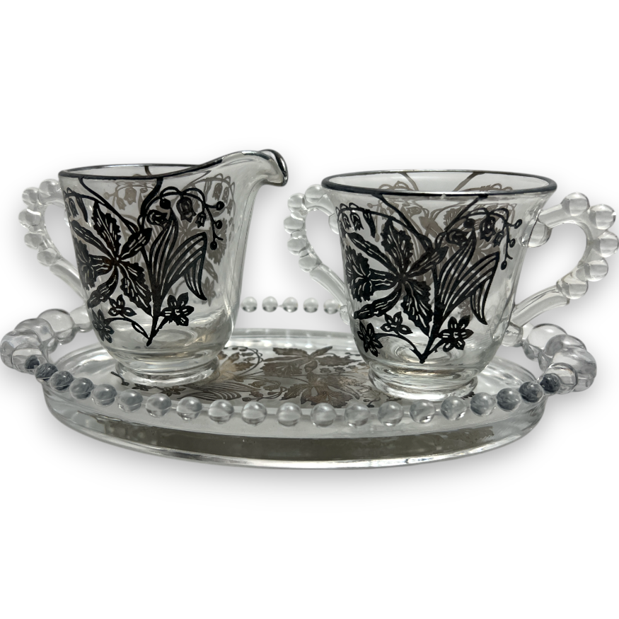 Vintage Imperial Glass Candlewick Oval Tray with Cream Craft and Sugar Bowl Floral Sterling Silver Overlay image 0