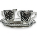 Vintage Imperial Glass Candlewick Oval Tray with Cream Craft and Sugar Bowl Floral Sterling Silver Overlay image 0
