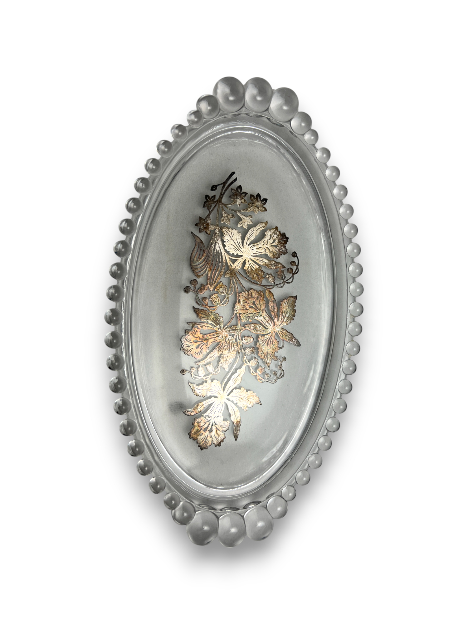 Vintage Imperial Glass Candlewick Oval Tray with Cream Craft and Sugar Bowl Floral Sterling Silver Overlay image 8